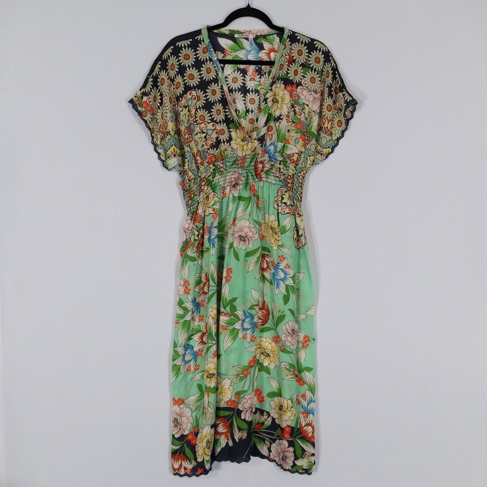 Johnny Was Silk Floral Smocked Midi Dress Womens Small Green Midi Boho Vacation